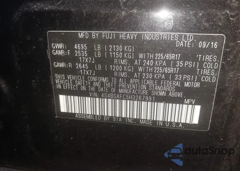 2017 Subaru Outback 2.5I Premium из США, поврежденный, VIN 4S4BSAFC5H3267991